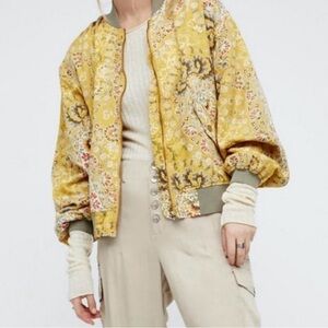 Free People Yellow Paisley Bomber Jacket Small